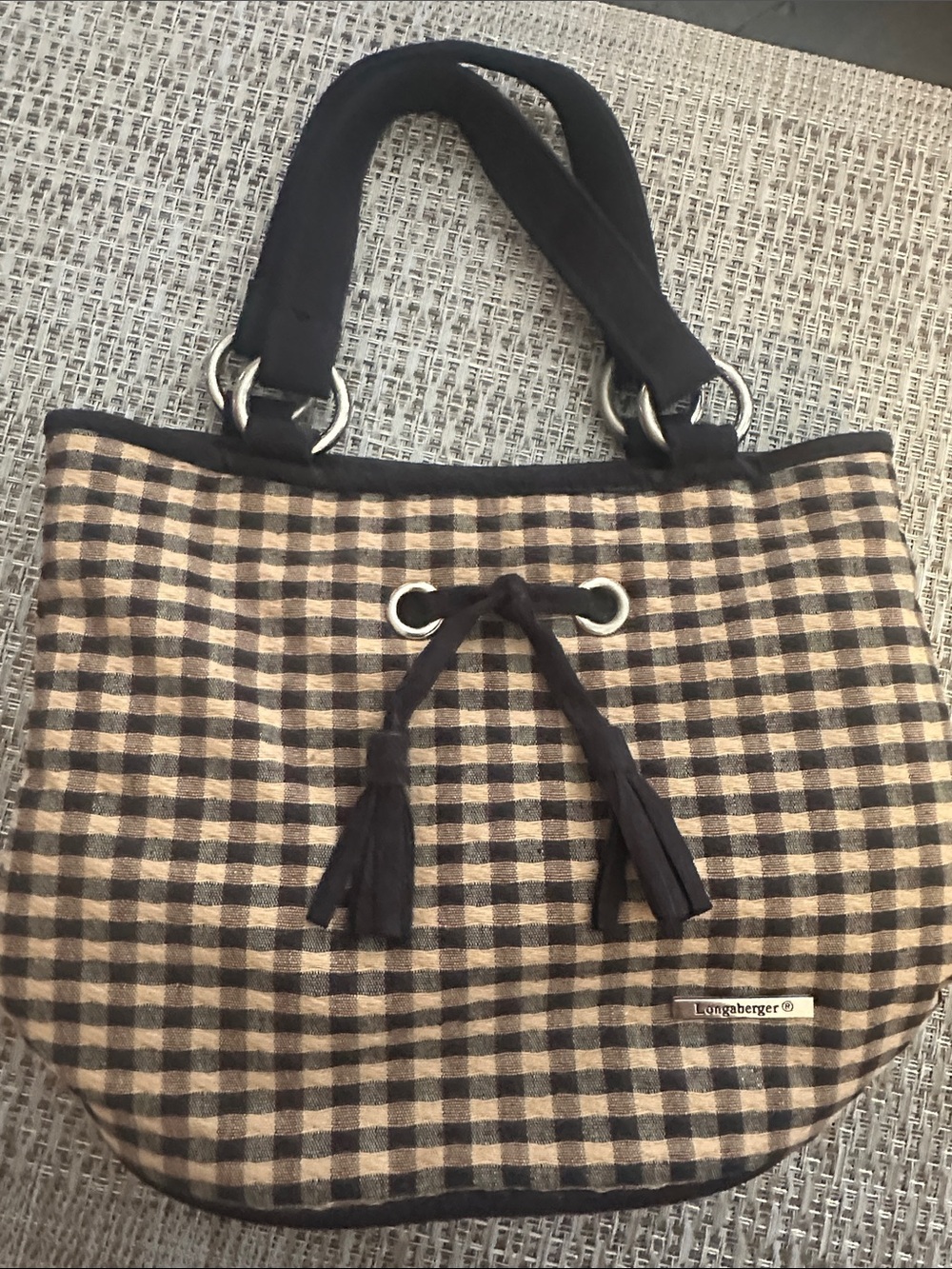 Longaberger Black and Brown Checked Tote with Tassel Tie